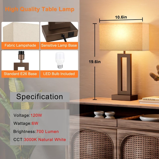 Alt view image 6 of 7 - Bedroom Lamps for Night Stands - Touch Control, 3 Way Dimmable, USB C+A Charging, LED Bulbs, Easy Assembly(Yellow&Brown)