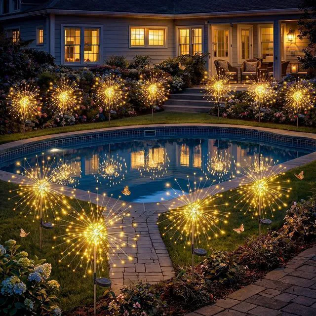 Main image of Solar Firework Lights, 10 Pack 120 LEDs 8 Lighting Modes Solar Fairy Garden Lights Outdoor Waterproof for Yard Patio Walkway Pathway Party Wedding Balcony Decorative- Warm White