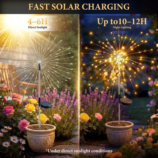 Alt view image 3 of 7 - Solar Firework Lights, 10 Pack 120 LEDs 8 Lighting Modes Solar Fairy Garden Lights Outdoor Waterproof for Yard Patio Walkway Pathway Party Wedding Balcony Decorative- Warm White