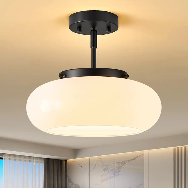 Main image of Mid-Century Modern Black Semi Flush Ceiling Light 12.6 Inch 3-Light White Glass Shade Close to Ceiling Lighting Fixture For Kitchen Entryway Hallway Bathroom Closet Bedroom Laundry Room
