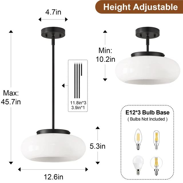 Alt view image 2 of 7 - Mid-Century Modern Black Semi Flush Ceiling Light 12.6 Inch 3-Light White Glass Shade Close to Ceiling Lighting Fixture For Kitchen Entryway Hallway Bathroom Closet Bedroom Laundry Room