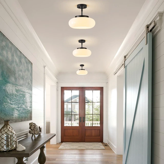 Alt view image 3 of 7 - Mid-Century Modern Black Semi Flush Ceiling Light 12.6 Inch 3-Light White Glass Shade Close to Ceiling Lighting Fixture For Kitchen Entryway Hallway Bathroom Closet Bedroom Laundry Room