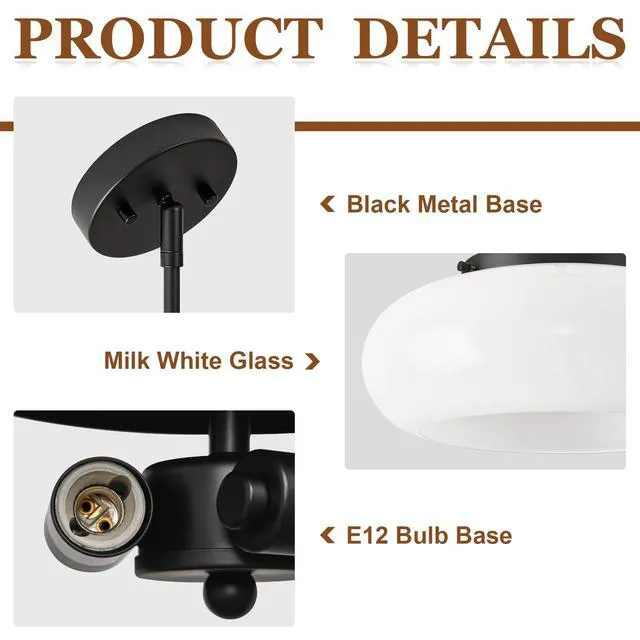 Alt view image 4 of 7 - Mid-Century Modern Black Semi Flush Ceiling Light 12.6 Inch 3-Light White Glass Shade Close to Ceiling Lighting Fixture For Kitchen Entryway Hallway Bathroom Closet Bedroom Laundry Room