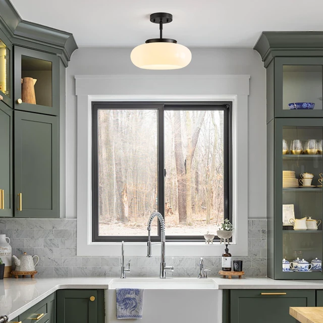 Alt view image 5 of 7 - Mid-Century Modern Black Semi Flush Ceiling Light 12.6 Inch 3-Light White Glass Shade Close to Ceiling Lighting Fixture For Kitchen Entryway Hallway Bathroom Closet Bedroom Laundry Room