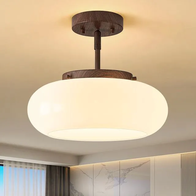 Main image of Mid-Century Modern Faux Walnut Wood Semi Flush Ceiling Light 12.6 Inch 3-Light White Glass Shade Close to Ceiling Lighting Fixture For Kitchen Entryway Hallway Bathroom Closet Bedroom Laundry Room