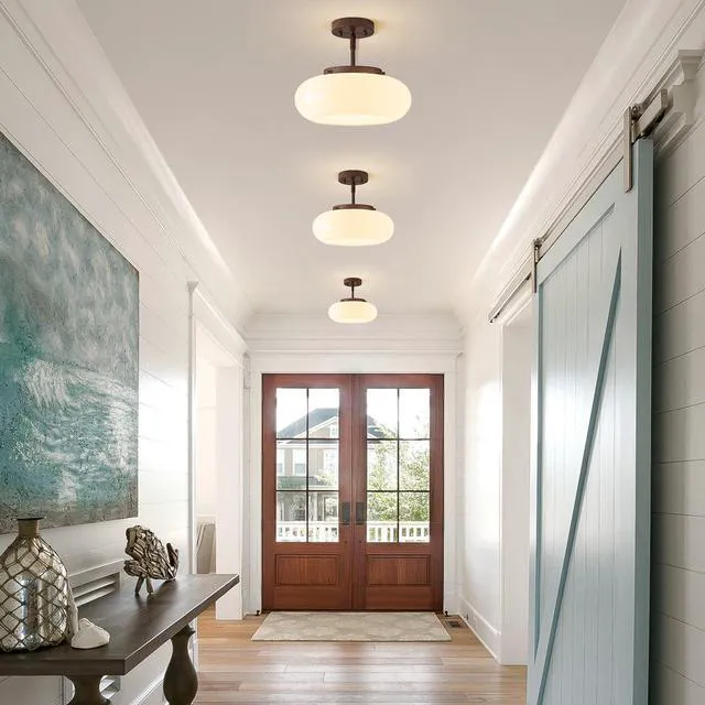Alt view image 3 of 7 - Mid-Century Modern Faux Walnut Wood Semi Flush Ceiling Light 12.6 Inch 3-Light White Glass Shade Close to Ceiling Lighting Fixture For Kitchen Entryway Hallway Bathroom Closet Bedroom Laundry Room