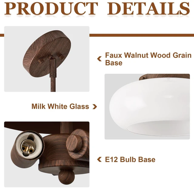 Alt view image 4 of 7 - Mid-Century Modern Faux Walnut Wood Semi Flush Ceiling Light 12.6 Inch 3-Light White Glass Shade Close to Ceiling Lighting Fixture For Kitchen Entryway Hallway Bathroom Closet Bedroom Laundry Room