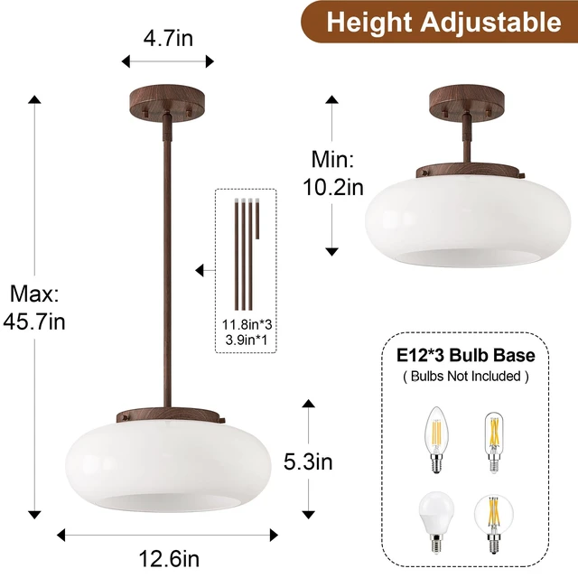 Alt view image 2 of 7 - Mid-Century Modern Faux Walnut Wood Semi Flush Ceiling Light 12.6 Inch 3-Light White Glass Shade Close to Ceiling Lighting Fixture For Kitchen Entryway Hallway Bathroom Closet Bedroom Laundry Room