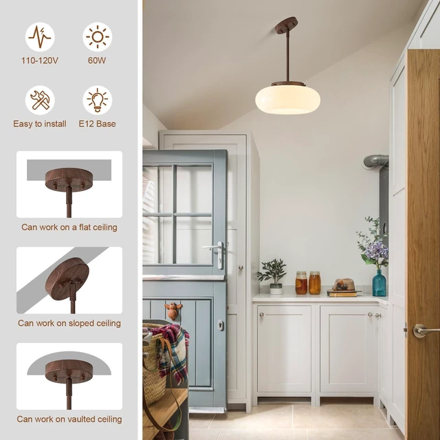Alt view image 5 of 7 - Mid-Century Modern Faux Walnut Wood Semi Flush Ceiling Light 12.6 Inch 3-Light White Glass Shade Close to Ceiling Lighting Fixture For Kitchen Entryway Hallway Bathroom Closet Bedroom Laundry Room