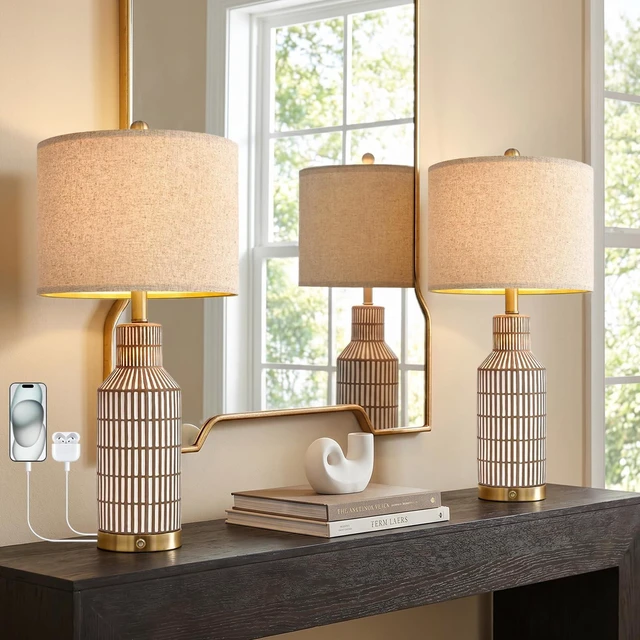 Main image of 25" Modern 3-Way Dimmable Touch Control with USB A+C Ceramic Lamps Set of 2 Table Lamp for Living Room Bedroom Farmhouse Nightstand Bedside Brown