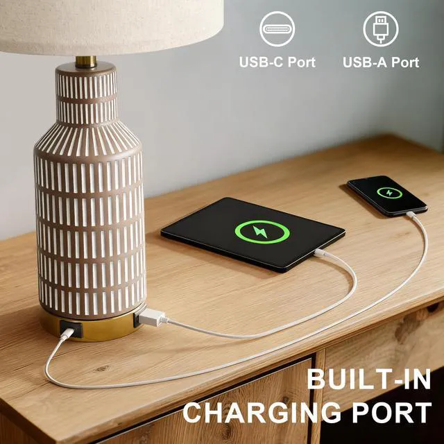 Alt view image 3 of 7 - 25" Modern 3-Way Dimmable Touch Control with USB A+C Ceramic Lamps Set of 2 Table Lamp for Living Room Bedroom Farmhouse Nightstand Bedside Brown