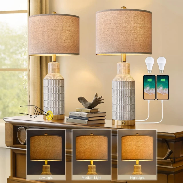 Alt view image 7 of 7 - 25" Modern 3-Way Dimmable Touch Control with USB A+C Ceramic Lamps Set of 2 Table Lamp for Living Room Bedroom Farmhouse Nightstand Bedside Lamps (White-Washed)