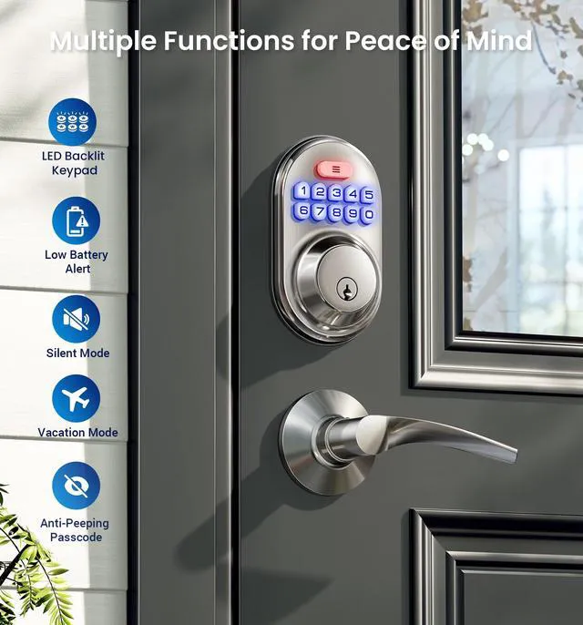 Alt view image 4 of 7 - RZ-C Keyless Entry Door Lock with 2 Lever Handles, Satin Nickel Zinc Alloy Handle Set, Auto Lock, One Time Code, 20 Codes, Back-Lit Keypad, Electronic Deadbolt for Front Door, Easy Install