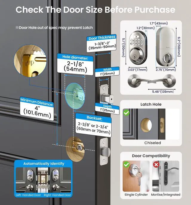 Alt view image 6 of 7 - RZ-C Keyless Entry Door Lock with 2 Lever Handles, Satin Nickel Zinc Alloy Handle Set, Auto Lock, One Time Code, 20 Codes, Back-Lit Keypad, Electronic Deadbolt for Front Door, Easy Install