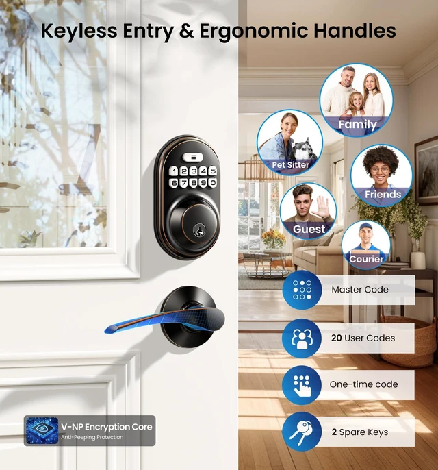 Alt view image 2 of 7 - RZ-C Keyless Entry Door Lock with 2 Lever Handles, Oil Rubbed Bronze Zinc Alloy Handle Set, Auto Lock, One Time Code, 20 Codes, Back-Lit Keypad, Electronic Deadbolt for Front Door, Easy Install
