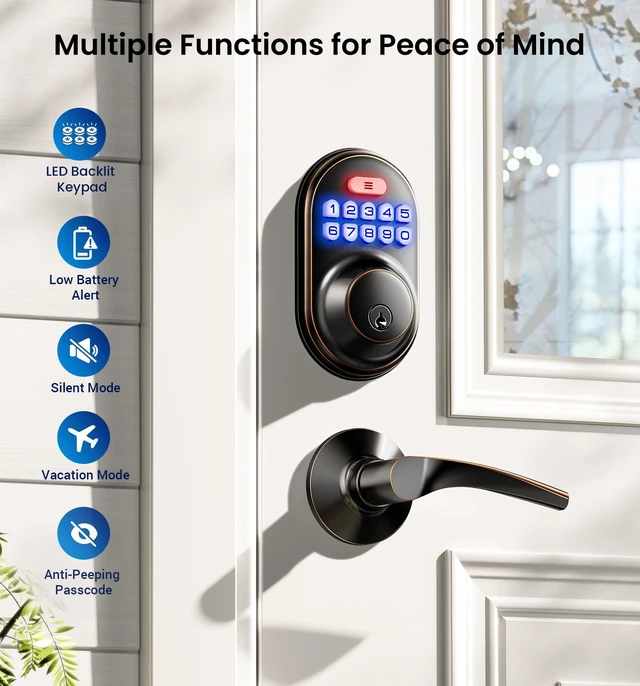 Alt view image 4 of 7 - RZ-C Keyless Entry Door Lock with 2 Lever Handles, Oil Rubbed Bronze Zinc Alloy Handle Set, Auto Lock, One Time Code, 20 Codes, Back-Lit Keypad, Electronic Deadbolt for Front Door, Easy Install