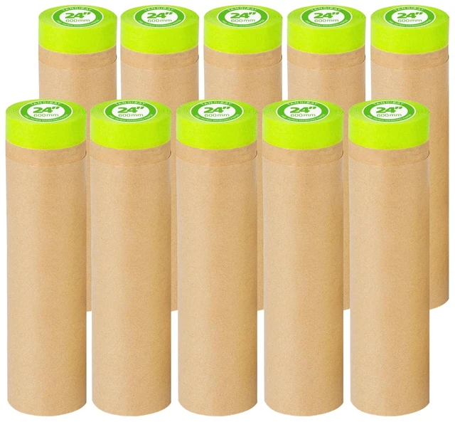 Main image of Pre-Taped Masking Paper for Painting - 24" x 50' Painters Paper and Tape Attached for Automotive and House Paint Protection, Covering Windows, Skirting, Frames, Cars and Auto-Body (10 Rolls)