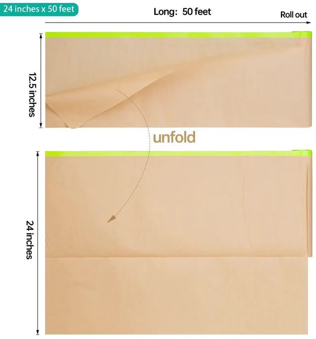 Alt view image 2 of 7 - Pre-Taped Masking Paper for Painting - 24" x 50' Painters Paper and Tape Attached for Automotive and House Paint Protection, Covering Windows, Skirting, Frames, Cars and Auto-Body (10 Rolls)
