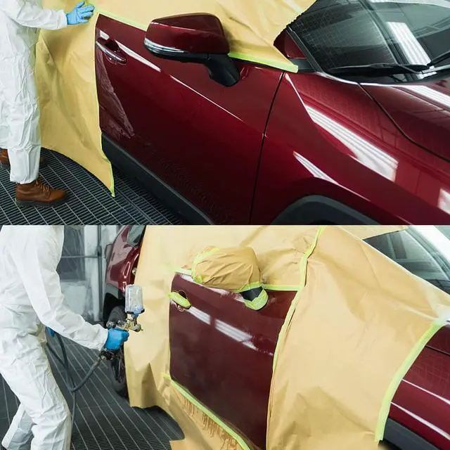 Alt view image 6 of 7 - Pre-Taped Masking Paper for Painting - 24" x 50' Painters Paper and Tape Attached for Automotive and House Paint Protection, Covering Windows, Skirting, Frames, Cars and Auto-Body (10 Rolls)