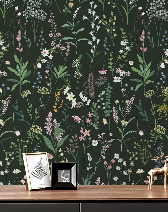 Main image of Dark Green Botanical Floral Peel and Stick Wallpaper 17.3" x 1181" Waterproof Removable Self Adhesive Wallpaper, Dark Farm Wildflower Stick on Wallpaper for Home Bedroom Contact Paper,142 sq