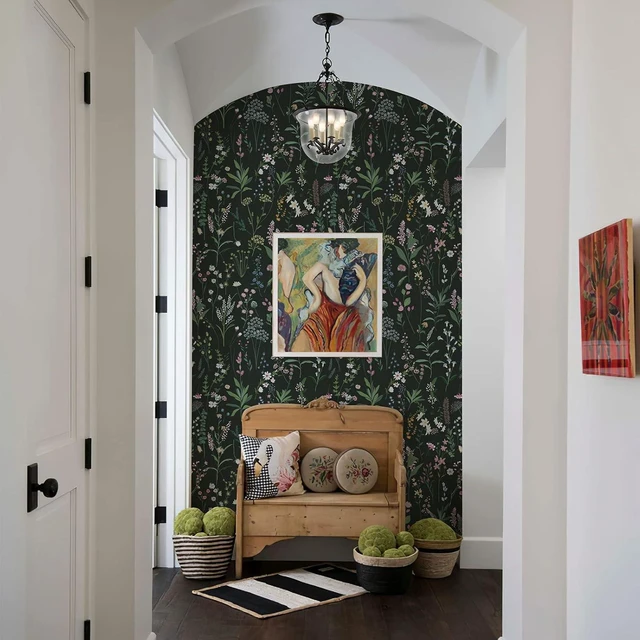 Alt view image 5 of 7 - Dark Green Botanical Floral Peel and Stick Wallpaper 17.3" x 1181" Waterproof Removable Self Adhesive Wallpaper, Dark Farm Wildflower Stick on Wallpaper for Home Bedroom Contact Paper,142 sq