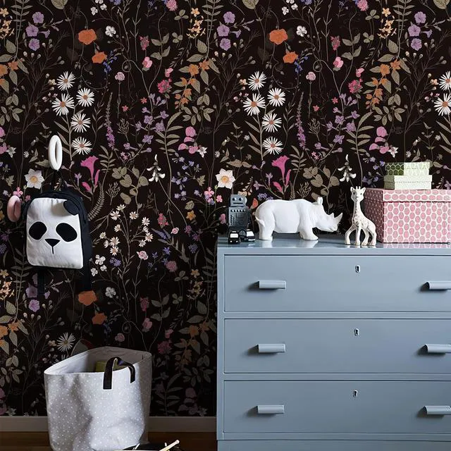 Alt view image 2 of 7 - Floral Wallpaper Peel and Stick- 1181" x 17.3" Farm Wildwood Self Adhesive Wall Paper Daisy Flower Contact Paper Dark Floral Stick On Wallpaper