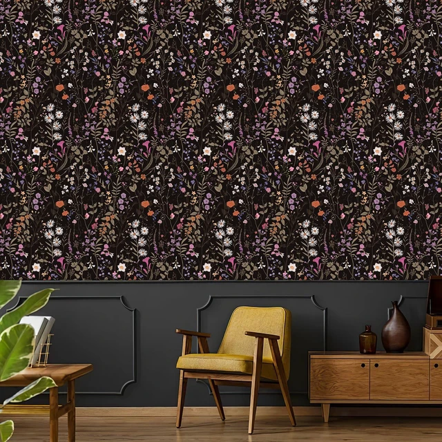 Alt view image 4 of 7 - Floral Wallpaper Peel and Stick- 1181" x 17.3" Farm Wildwood Self Adhesive Wall Paper Daisy Flower Contact Paper Dark Floral Stick On Wallpaper