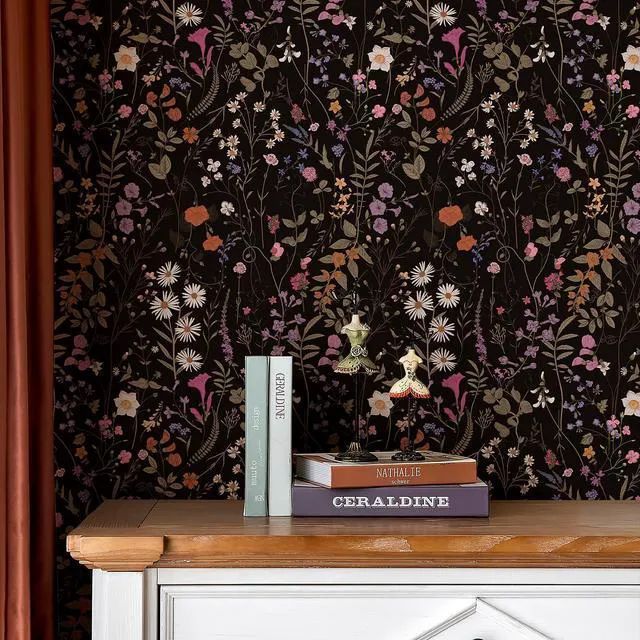 Alt view image 5 of 7 - Floral Wallpaper Peel and Stick- 1181" x 17.3" Farm Wildwood Self Adhesive Wall Paper Daisy Flower Contact Paper Dark Floral Stick On Wallpaper