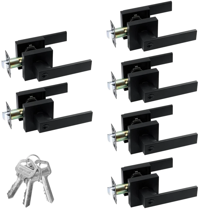 Main image of Entry Door Lock Set, Different Key Square Door Lever for Bedroom Passage Door Privacy Locking Interior/Exterior Entry Door Knob/Heavy Duty 6 Pack