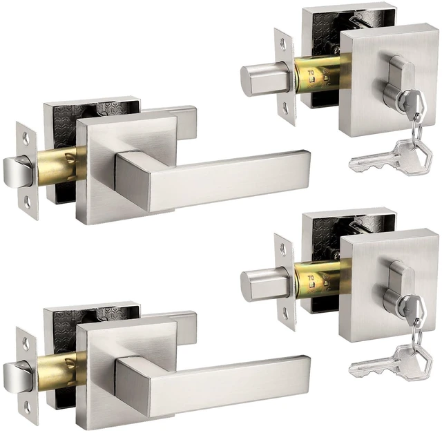 Main image of Brushed Nickel Passage Door Lever with Single Cylinder Deadbolts Combo Pack, Modern Square Lock Set Handleset,Exterior Handle and Set,Same Keys, 2 Pack