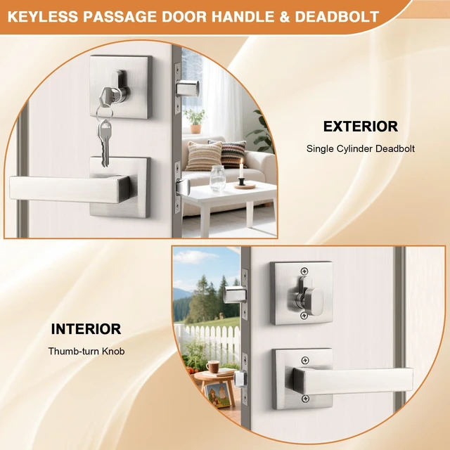 Alt view image 3 of 7 - Brushed Nickel Passage Door Lever with Single Cylinder Deadbolts Combo Pack, Modern Square Lock Set Handleset,Exterior Handle and Set,Same Keys, 2 Pack