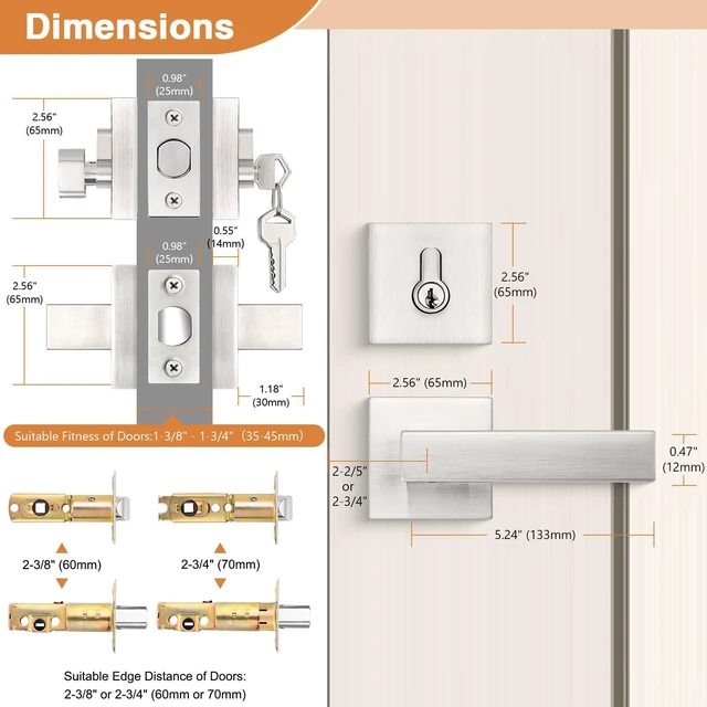 Alt view image 6 of 7 - Brushed Nickel Passage Door Lever with Single Cylinder Deadbolts Combo Pack, Modern Square Lock Set Handleset,Exterior Handle and Set,Same Keys, 2 Pack