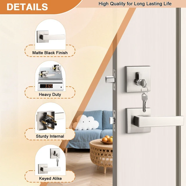 Alt view image 4 of 7 - Brushed Nickel Passage Door Lever with Single Cylinder Deadbolts Combo Pack, Modern Square Lock Set Handleset,Exterior Handle and Set,Same Keys, 2 Pack