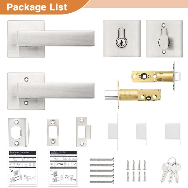 Alt view image 7 of 7 - Brushed Nickel Passage Door Lever with Single Cylinder Deadbolts Combo Pack, Modern Square Lock Set Handleset,Exterior Handle and Set,Same Keys, 2 Pack