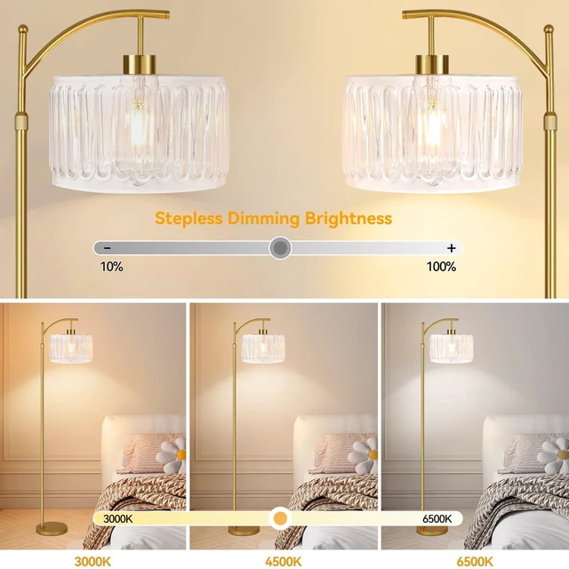 Alt view image 2 of 7 - Glass Floor Lamp for Living Room,Bedroom,Gold Dimmable Standing Lamp with Remote,Brass White Tall Lamp Boho Mid Century Modern Floor Lamps Arc Floor Light Lamp Girls Kids Bohemian