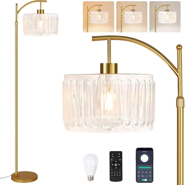 Main image of Glass Floor Lamp for Living Room,Bedroom,Gold Dimmable Standing Lamp with Remote,Brass White Tall Lamp Boho Mid Century Modern Floor Lamps Arc Floor Light Lamp Girls Kids Bohemian