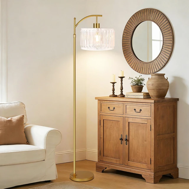 Alt view image 3 of 7 - Glass Floor Lamp for Living Room,Bedroom,Gold Dimmable Standing Lamp with Remote,Brass White Tall Lamp Boho Mid Century Modern Floor Lamps Arc Floor Light Lamp Girls Kids Bohemian