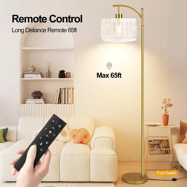 Alt view image 4 of 7 - Glass Floor Lamp for Living Room,Bedroom,Gold Dimmable Standing Lamp with Remote,Brass White Tall Lamp Boho Mid Century Modern Floor Lamps Arc Floor Light Lamp Girls Kids Bohemian