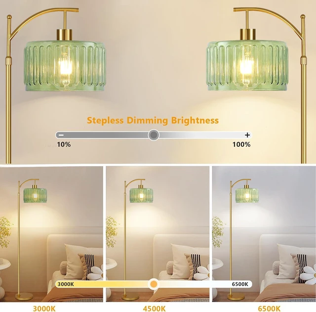 Alt view image 2 of 7 - Floor Lamp for Living Room,Bedroom,Gold Dimmable Standing Lamp with Remote,Mid Century Modern Brass Tall Lamp Retro Vintage Glass Lamp Floor Light Boho Bohemian