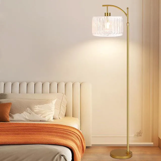 Alt view image 7 of 7 - Glass Floor Lamp for Living Room,Bedroom,Gold Dimmable Standing Lamp with Remote,Brass White Tall Lamp Boho Mid Century Modern Floor Lamps Arc Floor Light Lamp Girls Kids Bohemian