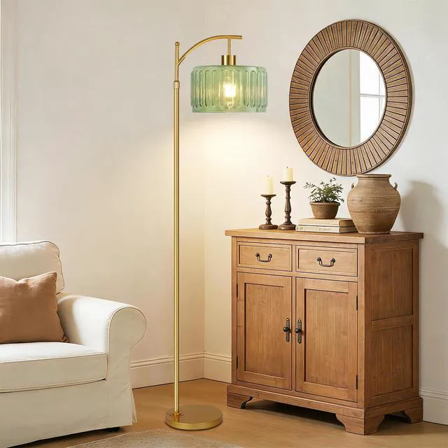 Alt view image 3 of 7 - Floor Lamp for Living Room,Bedroom,Gold Dimmable Standing Lamp with Remote,Mid Century Modern Brass Tall Lamp Retro Vintage Glass Lamp Floor Light Boho Bohemian