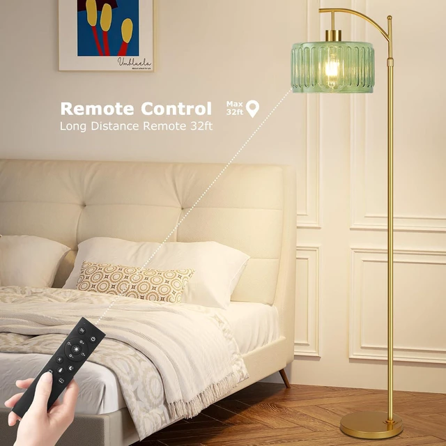 Alt view image 4 of 7 - Floor Lamp for Living Room,Bedroom,Gold Dimmable Standing Lamp with Remote,Mid Century Modern Brass Tall Lamp Retro Vintage Glass Lamp Floor Light Boho Bohemian