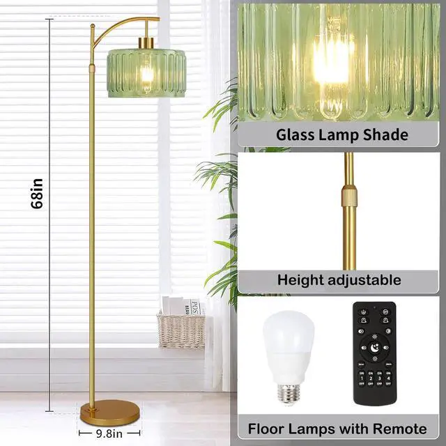 Alt view image 5 of 7 - Floor Lamp for Living Room,Bedroom,Gold Dimmable Standing Lamp with Remote,Mid Century Modern Brass Tall Lamp Retro Vintage Glass Lamp Floor Light Boho Bohemian