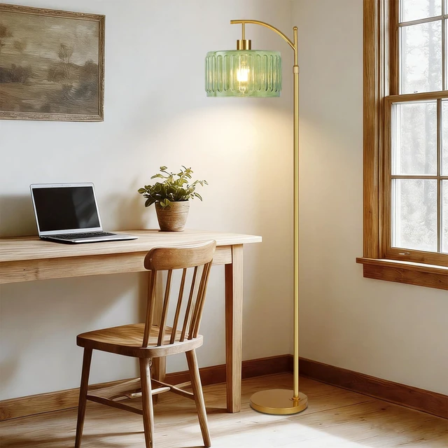 Alt view image 6 of 7 - Floor Lamp for Living Room,Bedroom,Gold Dimmable Standing Lamp with Remote,Mid Century Modern Brass Tall Lamp Retro Vintage Glass Lamp Floor Light Boho Bohemian