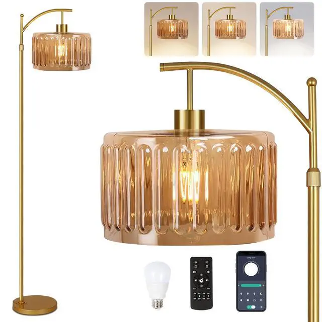 Main image of Glass Floor Lamp for Living Room,Bedroom,Gold Dimmable Standing Lamp with Remote,Mid Century Modern Brass Tall Lamp Boho Vintage Retro Floor Lamps Arc Amber Flower Floor Light Lamp Bohemian