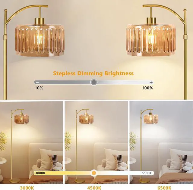 Alt view image 2 of 7 - Glass Floor Lamp for Living Room,Bedroom,Gold Dimmable Standing Lamp with Remote,Mid Century Modern Brass Tall Lamp Boho Vintage Retro Floor Lamps Arc Amber Flower Floor Light Lamp Bohemian