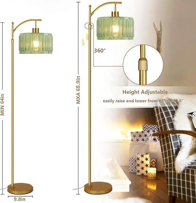 Alt view image 7 of 7 - Floor Lamp for Living Room,Bedroom,Gold Dimmable Standing Lamp with Remote,Mid Century Modern Brass Tall Lamp Retro Vintage Glass Lamp Floor Light Boho Bohemian