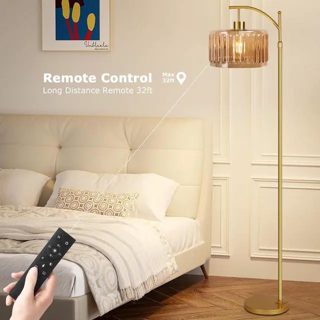 Alt view image 4 of 7 - Glass Floor Lamp for Living Room,Bedroom,Gold Dimmable Standing Lamp with Remote,Mid Century Modern Brass Tall Lamp Boho Vintage Retro Floor Lamps Arc Amber Flower Floor Light Lamp Bohemian