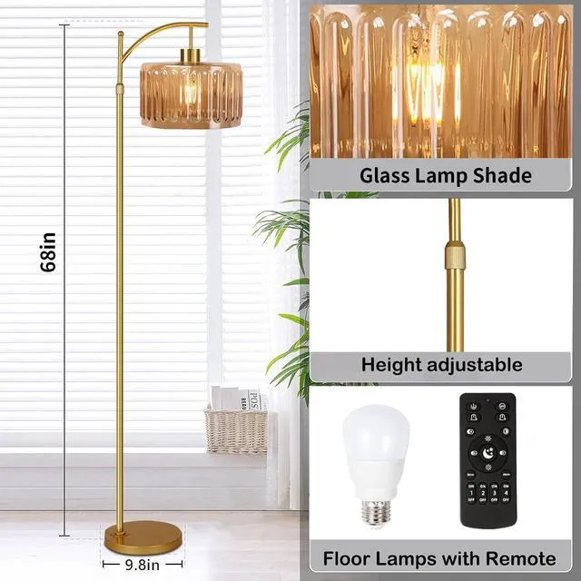 Alt view image 5 of 7 - Glass Floor Lamp for Living Room,Bedroom,Gold Dimmable Standing Lamp with Remote,Mid Century Modern Brass Tall Lamp Boho Vintage Retro Floor Lamps Arc Amber Flower Floor Light Lamp Bohemian