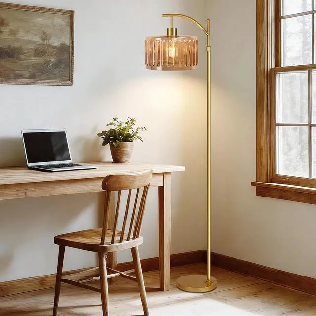 Alt view image 6 of 7 - Glass Floor Lamp for Living Room,Bedroom,Gold Dimmable Standing Lamp with Remote,Mid Century Modern Brass Tall Lamp Boho Vintage Retro Floor Lamps Arc Amber Flower Floor Light Lamp Bohemian